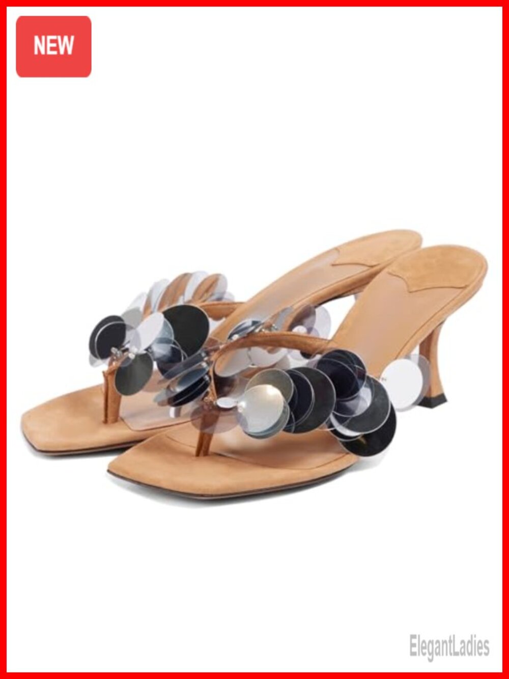 Suede Sequin Kitten Heels Flip Flops Open Square Toe Strappy Thong Slide